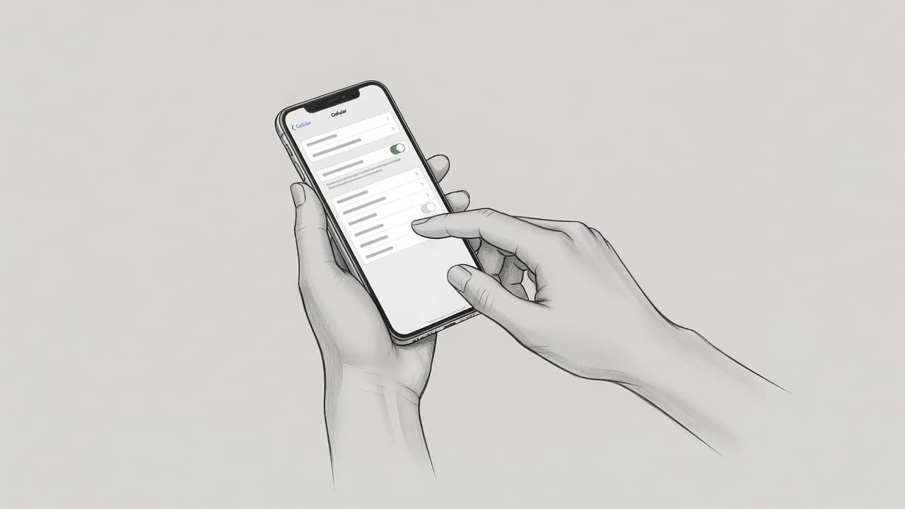 A close-up graphite sketch on gray paper depicts a person's fingers interacting with a touchscreen. The clean linework captures the movement of adjusting cellular menu options on an mobile device.