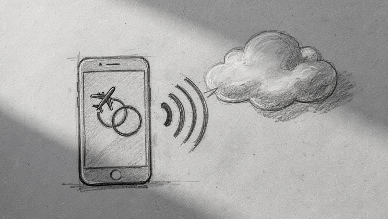 A detailed pencil drawing on gray paper features a smartphone icon marked with an airplane symbol, voicemail notification, and a glowing Wi-Fi signal connecting seamlessly to a stylized cloud illustration.
