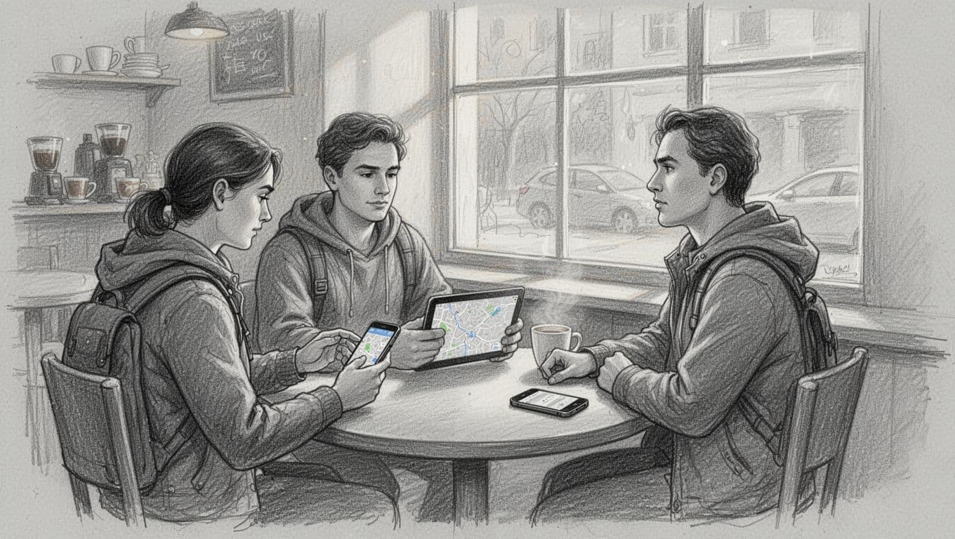 Three people sit at a wooden cafe table sketching with graphite. One person checks a map on a smartphone, another views a screen, while the third looks pensively toward the window.