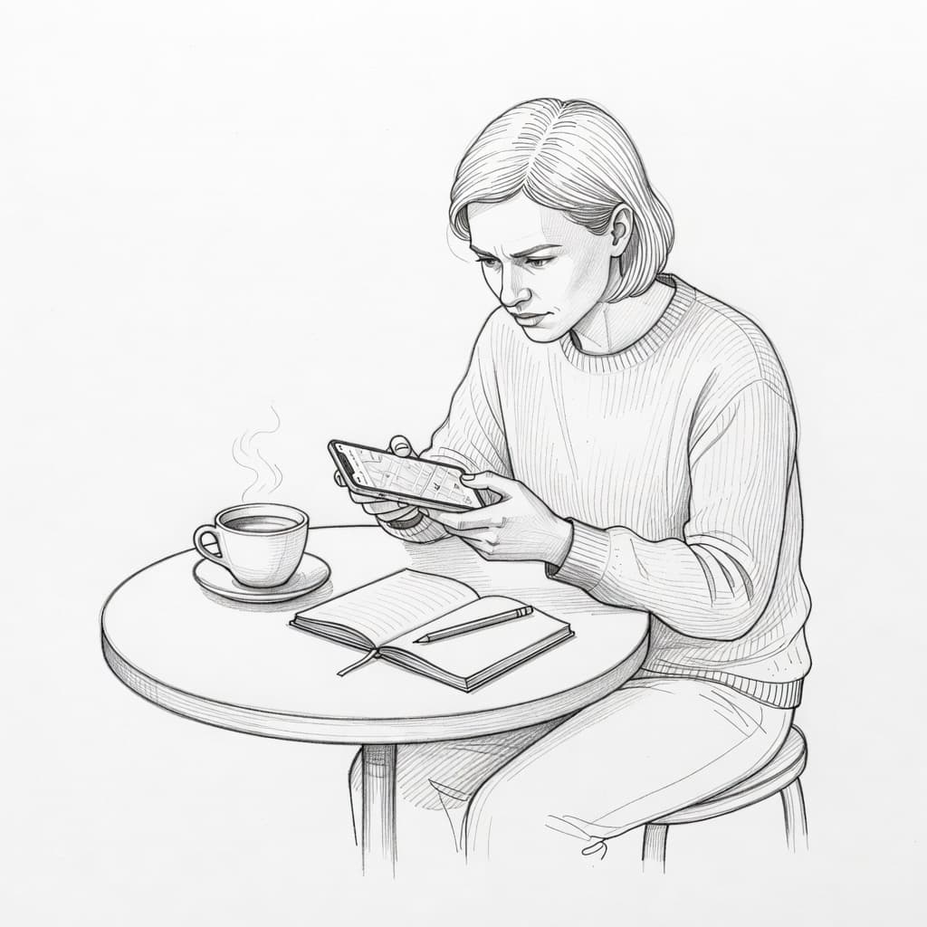 A detailed graphite sketch displays a person sitting at a round bistro table focused on a smartphone screen. A steaming cup of coffee and a small notebook rest nearby on white paper.