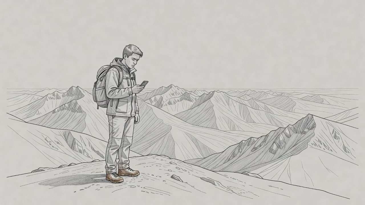 A detailed graphite sketch depicts a hiker standing on a high ridge overlooking jagged mountain peaks. The traveler holds a smartphone up, checking the device with a confused and concerned expression.