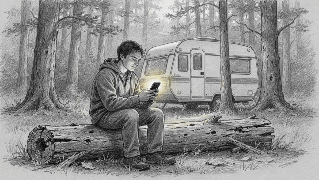 A detailed graphite pencil sketch on textured gray paper displays a traveler sitting on a rustic log. They are focused on a glowing smartphone screen while surrounded by dense forest scenery.