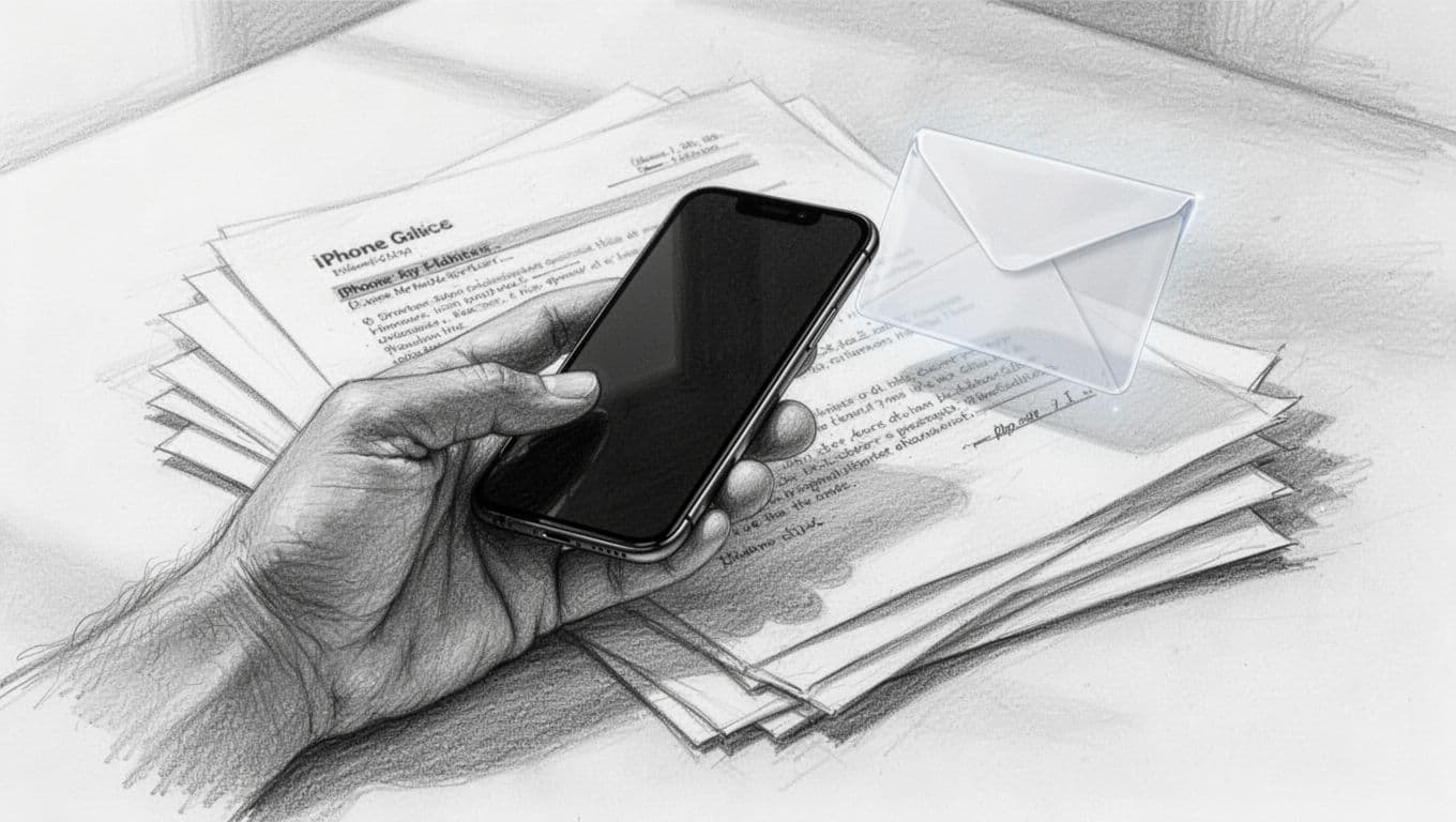A detailed graphite sketch displays a close-up of hands holding a smartphone while reviewing printed documents. A floating digital mail icon illustrates the process of retrieving essential activation instructions for connectivity.