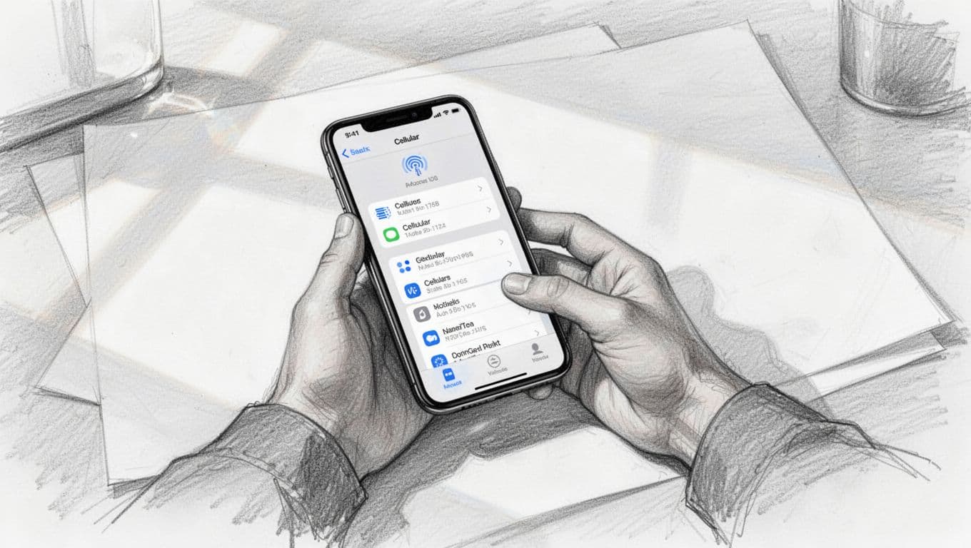 A graphite sketch depicts a person holding an iPhone to view the settings menu. The drawing features detailed linework against a clean white background, capturing the focus on digital connectivity troubleshooting.