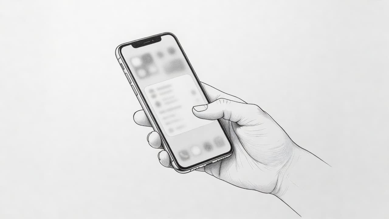 A detailed graphite sketch displays a hand holding a smartphone against a stark white background. The thumb rests near the screen, which displays blurred app icons under soft studio lighting.