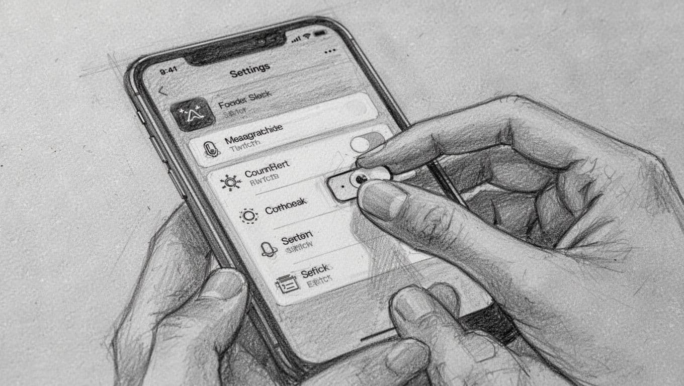 A detailed graphite sketch displays a close-up of hands interacting with a smartphone screen. Fingers carefully toggle a digital switch on the display while resting against textured light gray paper.
