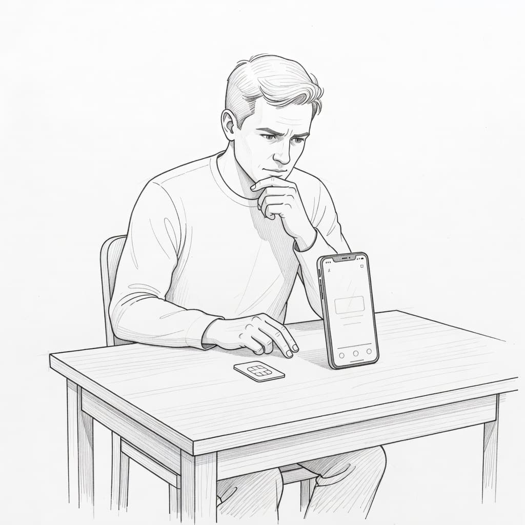 A detailed graphite sketch depicts an individual seated at a desk, carefully comparing a traditional physical SIM card against a modern smartphone. Clean linework highlights the minimalist decision-making moment shown here.
