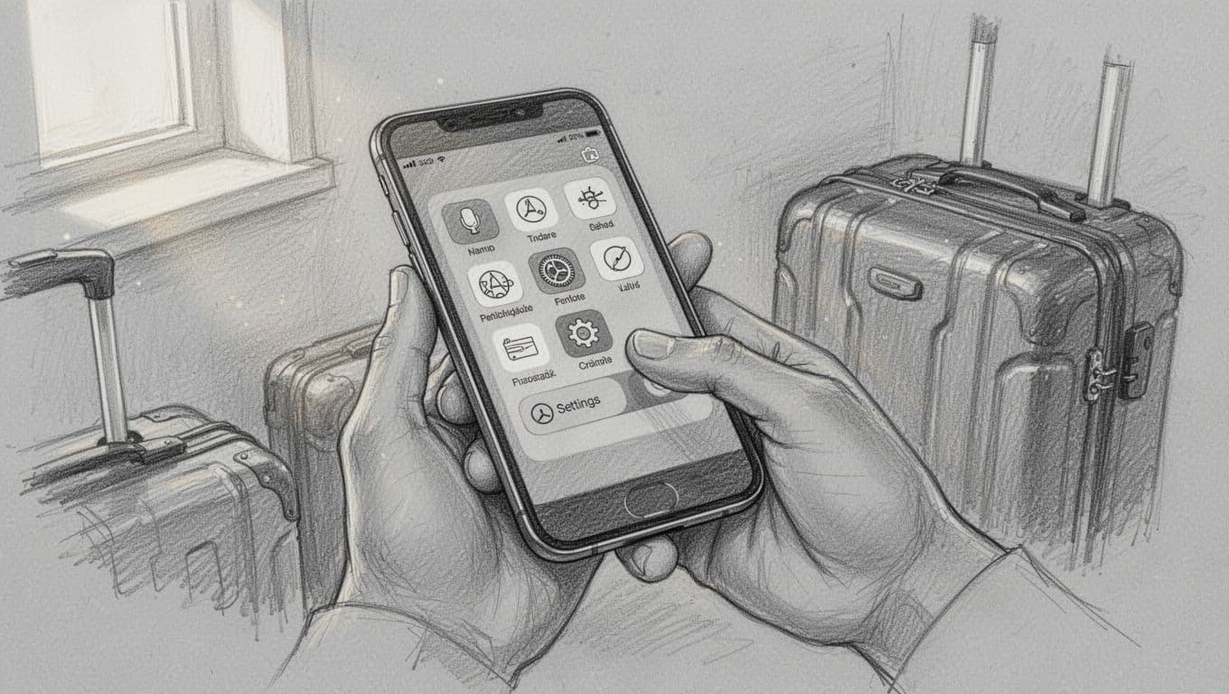 A detailed pencil drawing on gray paper captures a person holding a smartphone. Their thumb carefully hovers over the digital interface while they prepare cellular options before their upcoming international flight.