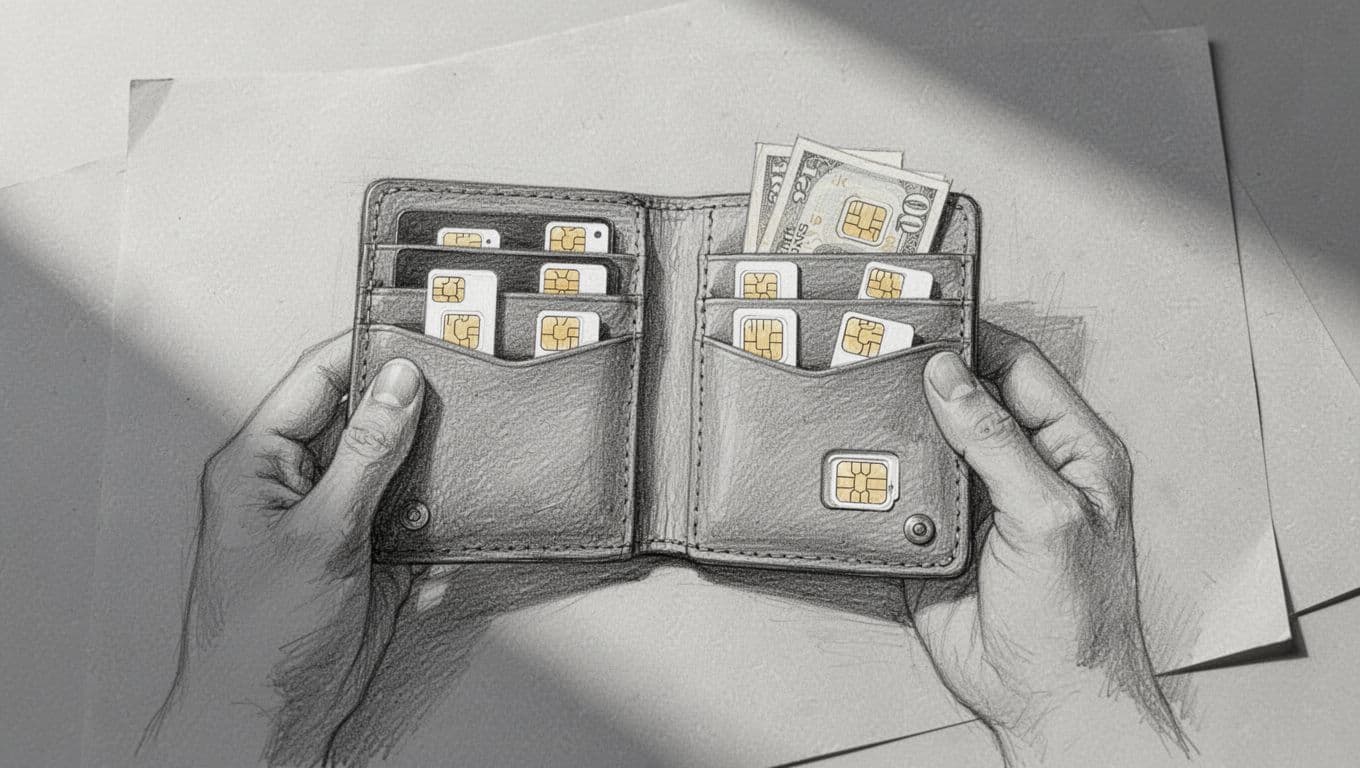 A detailed graphite drawing depicts an open leather wallet sitting on textured gray paper. Instead of paper bills, the slots are filled with glowing digital SIM card icons and network symbols.
