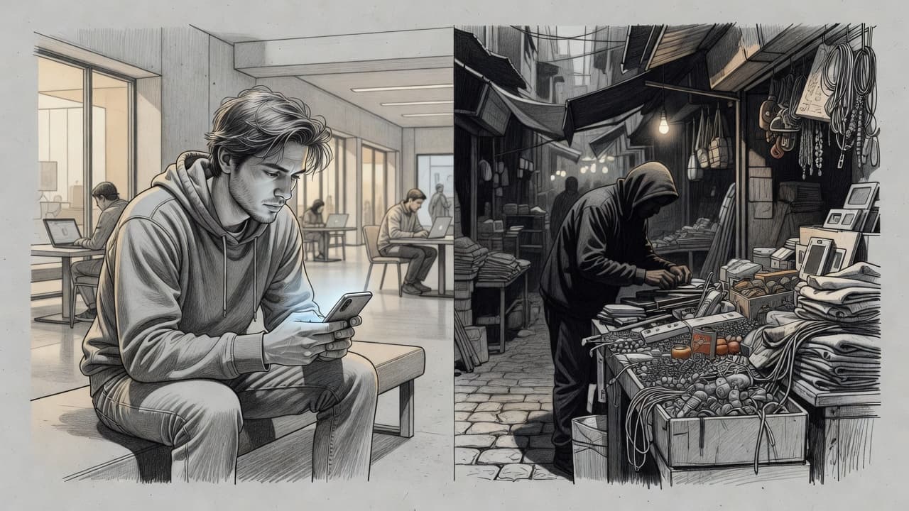 This charcoal sketch contrasts a digital nomad using a secure mobile app against a chaotic, cluttered street vendor stall in a foreign market, illustrating the choice between modern safety and risk.
