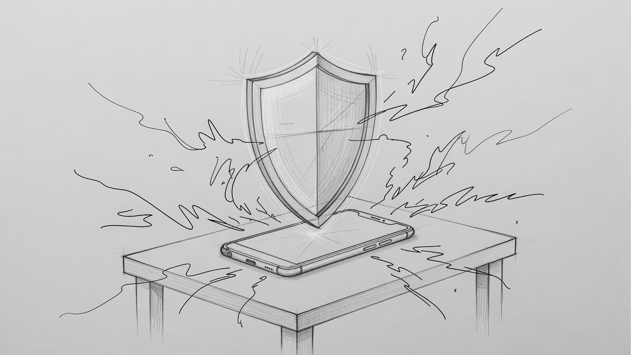 A graphite pencil sketch on gray paper depicts a smartphone resting on a wooden table. A translucent, layered digital shield hovers above the screen to symbolize robust mobile data protection.