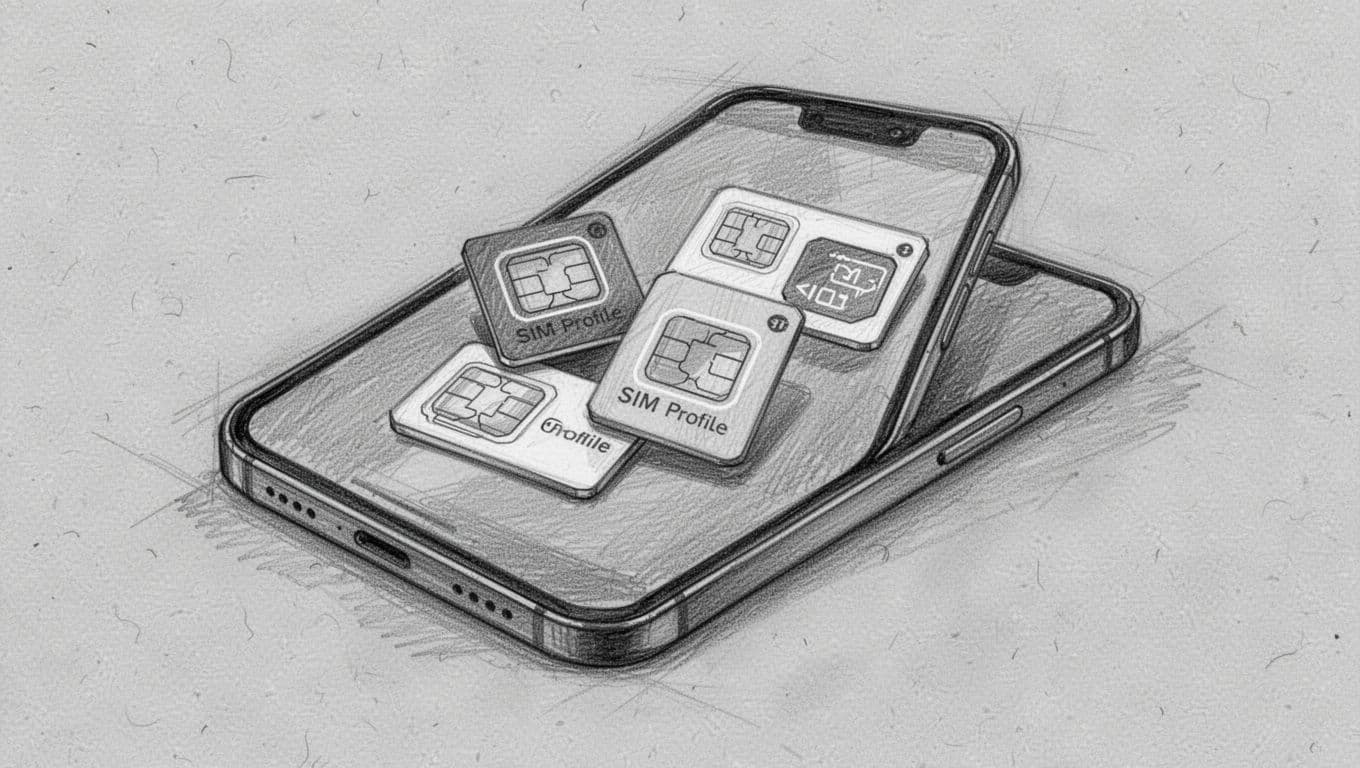 A graphite sketch on textured gray paper displays a smartphone screen with various overlapping digital cards. These icons represent multiple SIM profiles, showcasing a visual concept of high-capacity mobile storage.