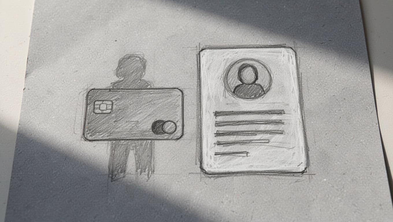 A minimalist graphite sketch on textured gray paper displays a classic library card icon placed next to a modern digital file symbol. Sharp lines create a clear visual contrast between styles.