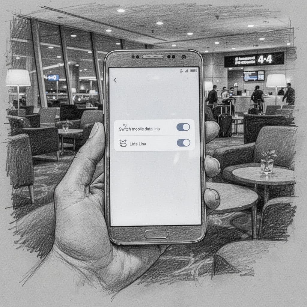A close-up hand-drawn graphite sketch depicts an iPhone screen displaying cellular settings for two data lines. The hand holds the device within the soft, dim ambiance of an airport lounge.