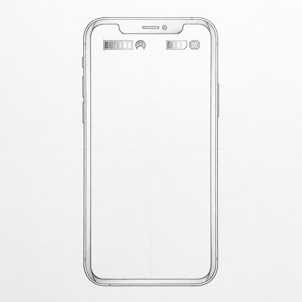 A graphite drawing on white paper depicts a stylized smartphone featuring two distinct signal bar icons at the top. Fine pencil lines highlight the dual connectivity status symbols for digital profiles.