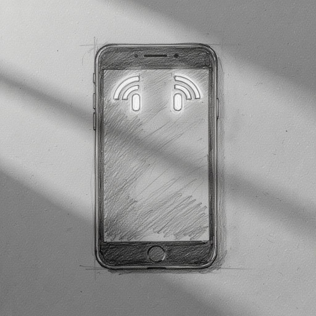 A graphite drawing on light gray paper depicts a sleek smartphone display with two distinct signal bars at the top. The artistic illustration highlights clean lines and minimal technical features.