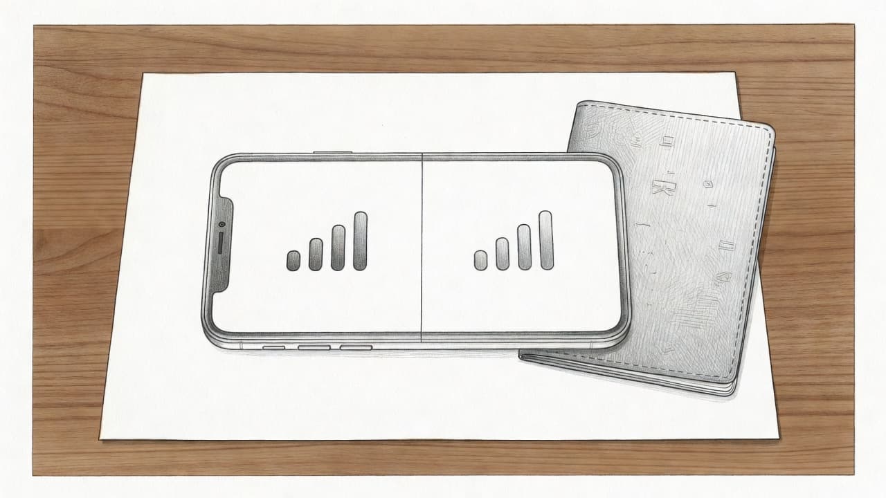 A detailed graphite drawing shows an iPhone with two distinct signal bars on the screen. The device rests on a wooden desk next to a travel passport, conveying international mobile connectivity.