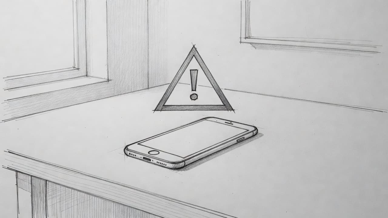 A graphite sketch on gray paper displays a smartphone icon topped by a prominent triangle warning sign. The clean, artistic lines illustrate a caution symbol specifically meant to represent digital data loss.