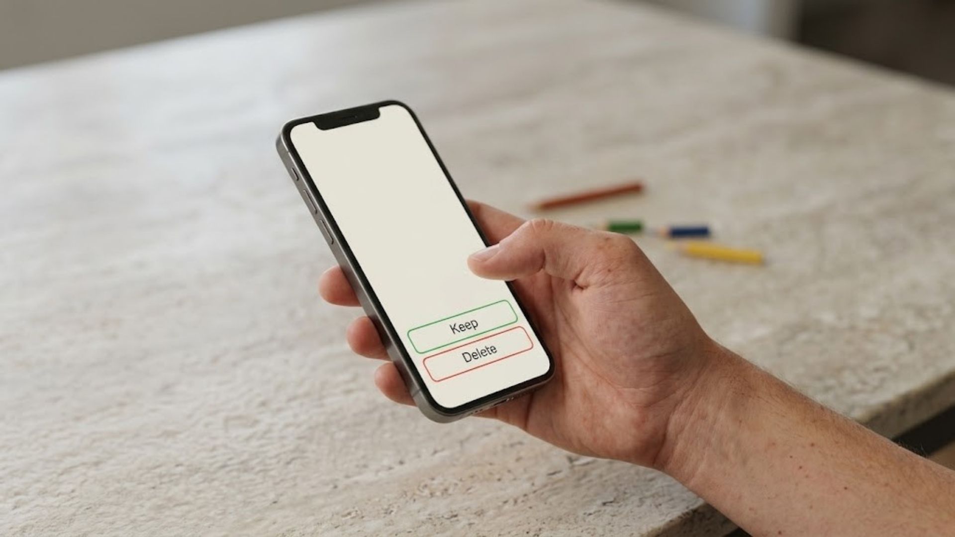 A graphite pencil sketch on gray paper displays a handheld phone screen. The simple interface shows a decision menu with two distinct buttons labeled Keep and Delete for managing digital profiles.