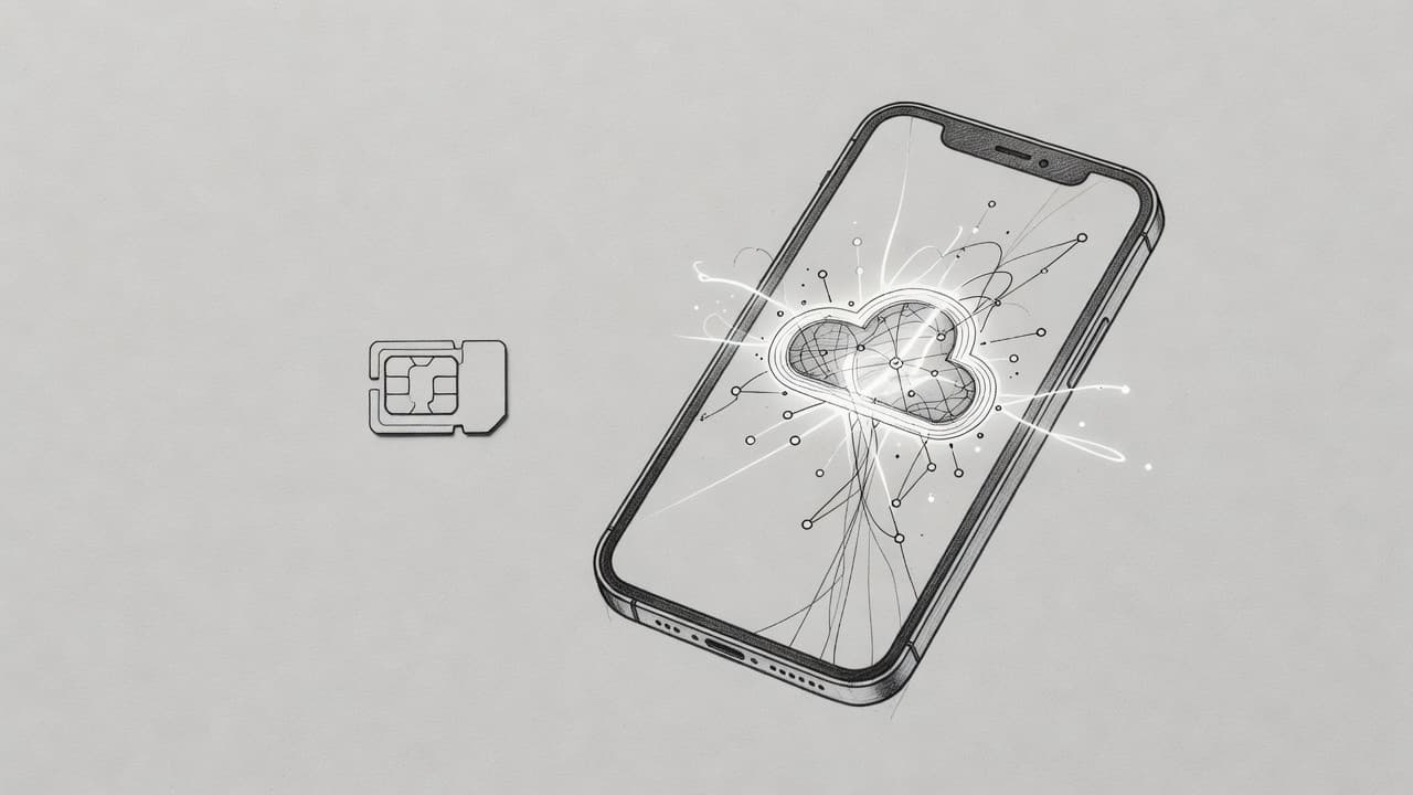 A detailed graphite drawing on gray paper features a small physical SIM card laid flat next to an iPhone display showing a glowing, abstract digital icon representing modern eSIM technology.