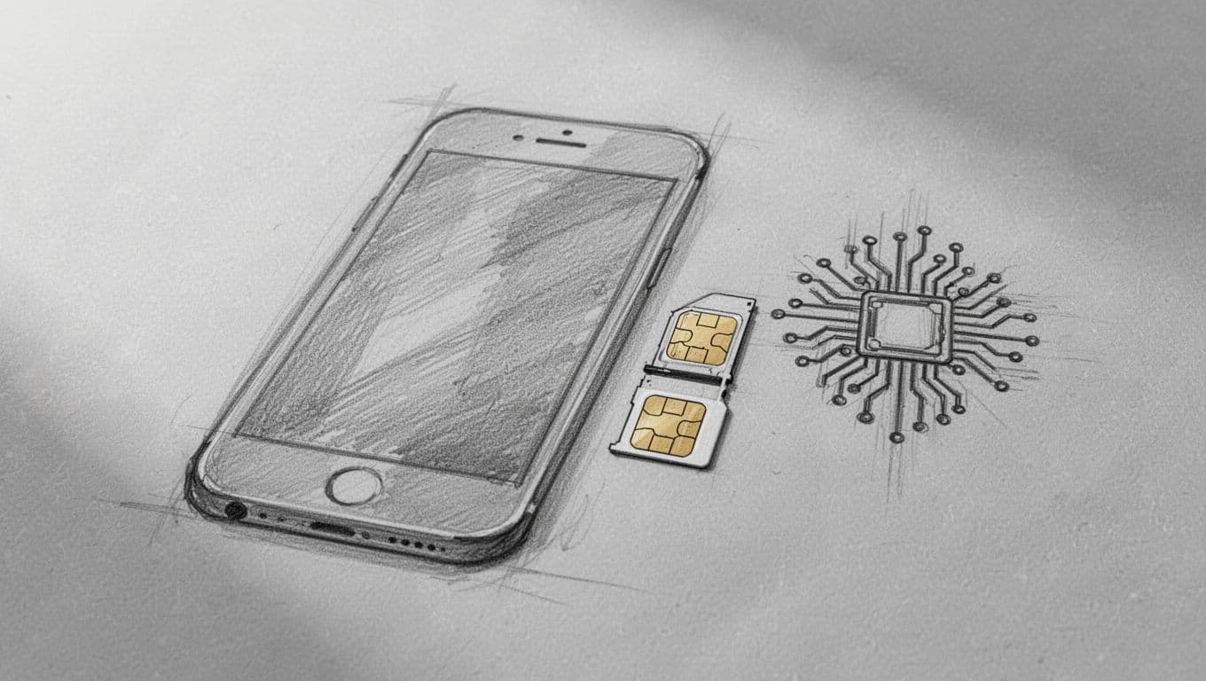 A graphite sketch on gray paper displays a physical sim tray next to a digital microchip icon. These technical elements represent the evolving transition from mechanical card slots to digital profiles.