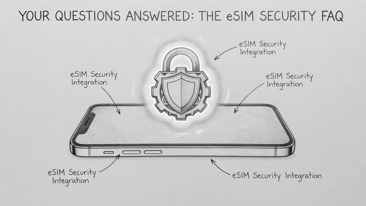 A detailed graphite illustration on gray paper depicts a modern smartphone with a glowing holographic security vault icon hovering above the screen. Precise linework captures the subtle shading of the device.