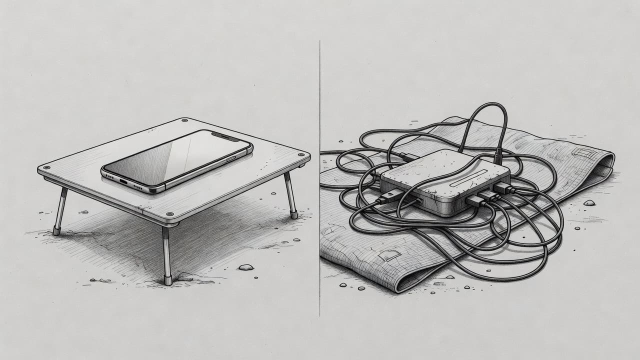 A split-view graphite sketch contrasts a minimalist smartphone on a clean camping table with a cluttered, bulky Wi-Fi router surrounded by tangled charging cords on a worn fabric mat.