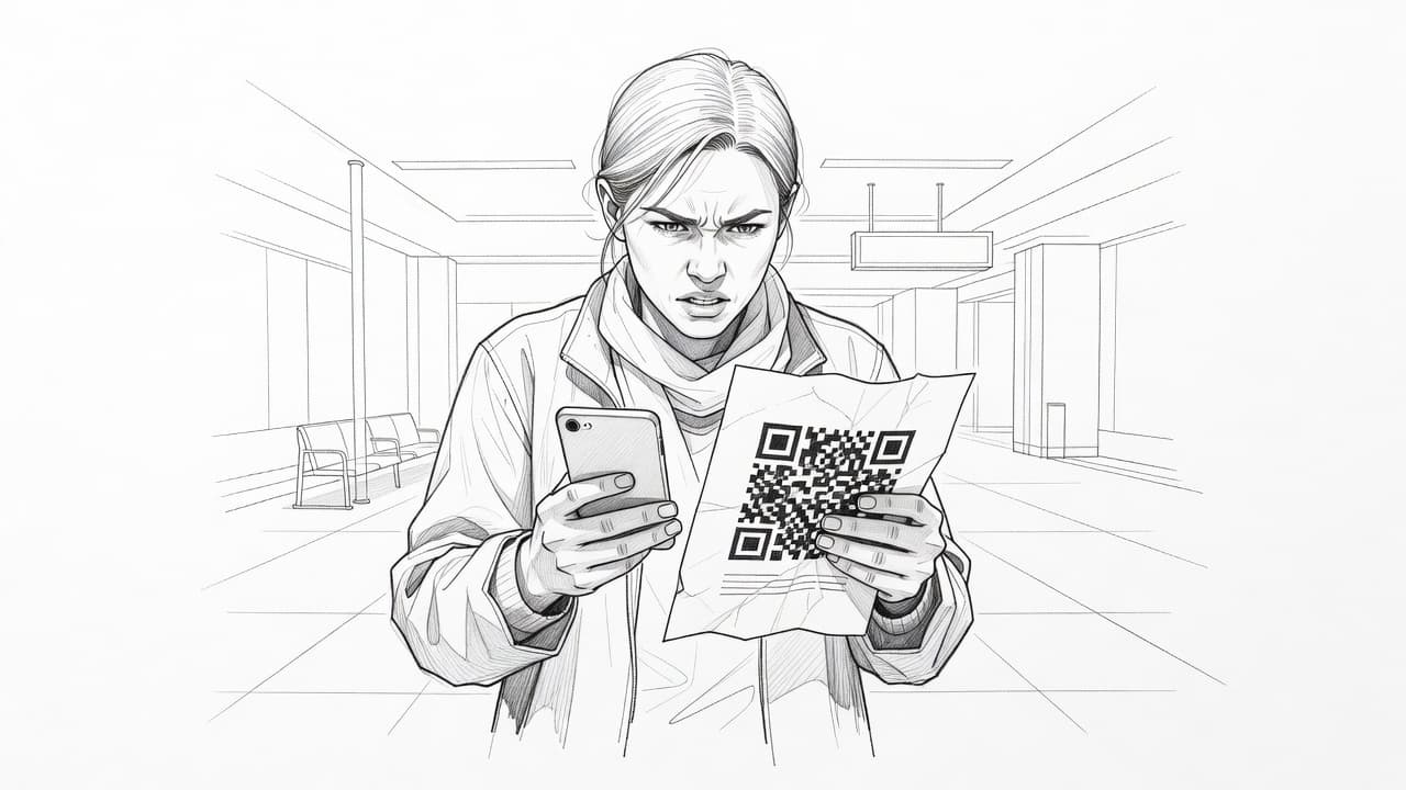 A graphite sketch showing a stressed individual holding a smartphone toward a printed paper document. The person exhibits furrowed brows while struggling to capture the QR code under clear white lighting.