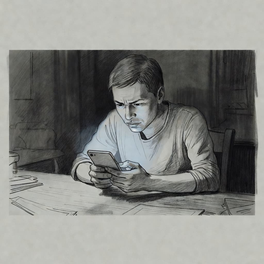 A graphite charcoal sketch depicts a lone individual hunched over a desk in a dimly lit room, holding a mobile device with both hands while expressing visible annoyance and screen fatigue.