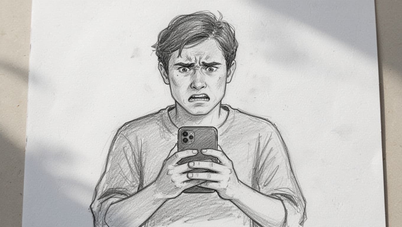A graphite sketch showing a person with a tense expression gripping their smartphone with both hands. They lean forward against a plain white background, appearing to troubleshoot a weak signal.