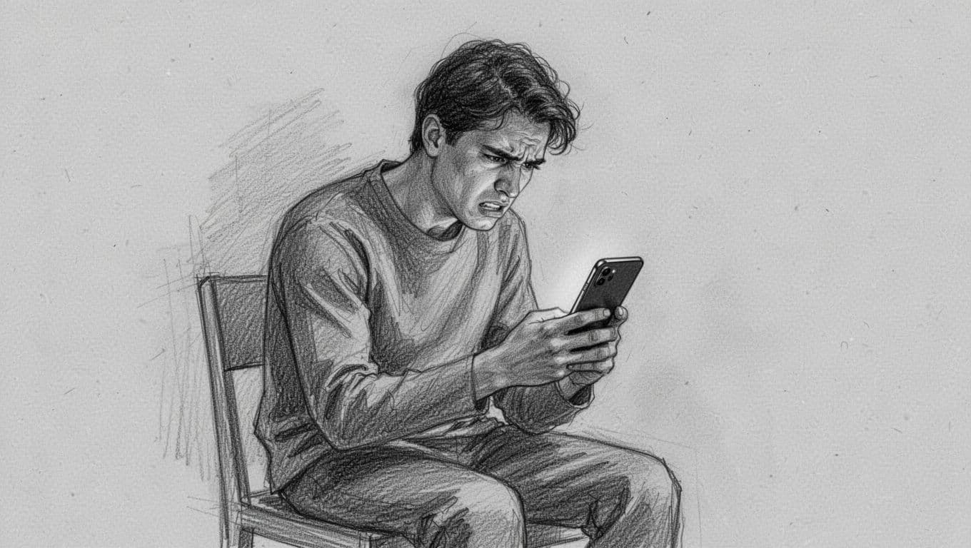 A graphite sketch depicts a person sitting in a chair, leaning forward with a strained expression while staring down at a smartphone. Fine pencil strokes illustrate the tension of a cellular restriction.