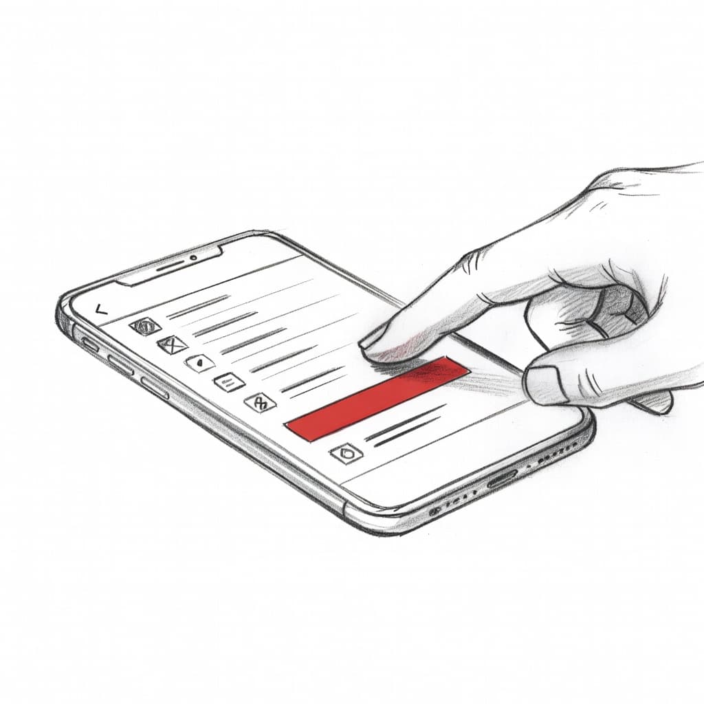 A close-up graphite sketch shows a human thumb positioned directly above a prominent circular red button. This charcoal illustration is set against a stark white background with subtle textured shading.