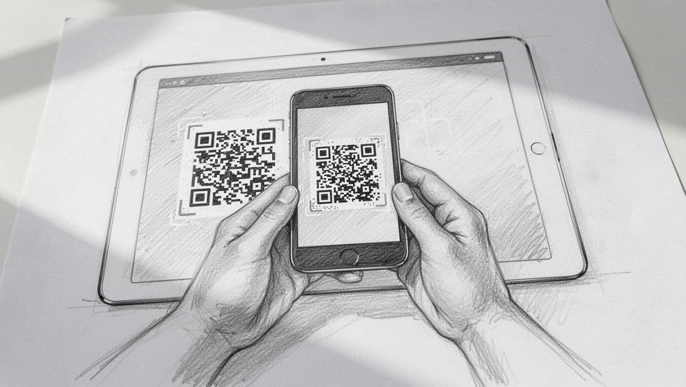 A close-up hand-drawn sketch features detailed graphite shading on paper. Two hands hold a smartphone, positioning its camera to scan a digital QR code displayed on the screen of a tablet.