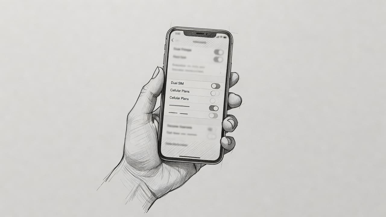 A detailed graphite sketch on textured gray paper depicts a hand firmly grasping a smartphone. The screen displays abstract toggle switches and mobile interface icons rendered in clean, simple pencil lines.