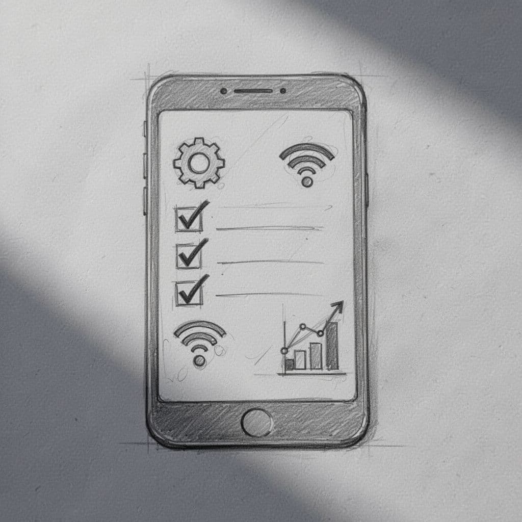 A detailed graphite pencil sketch depicts a smartphone on gray paper. The screen displays a checklist with status icons for settings, wireless connectivity, and cellular data usage arranged in rows.