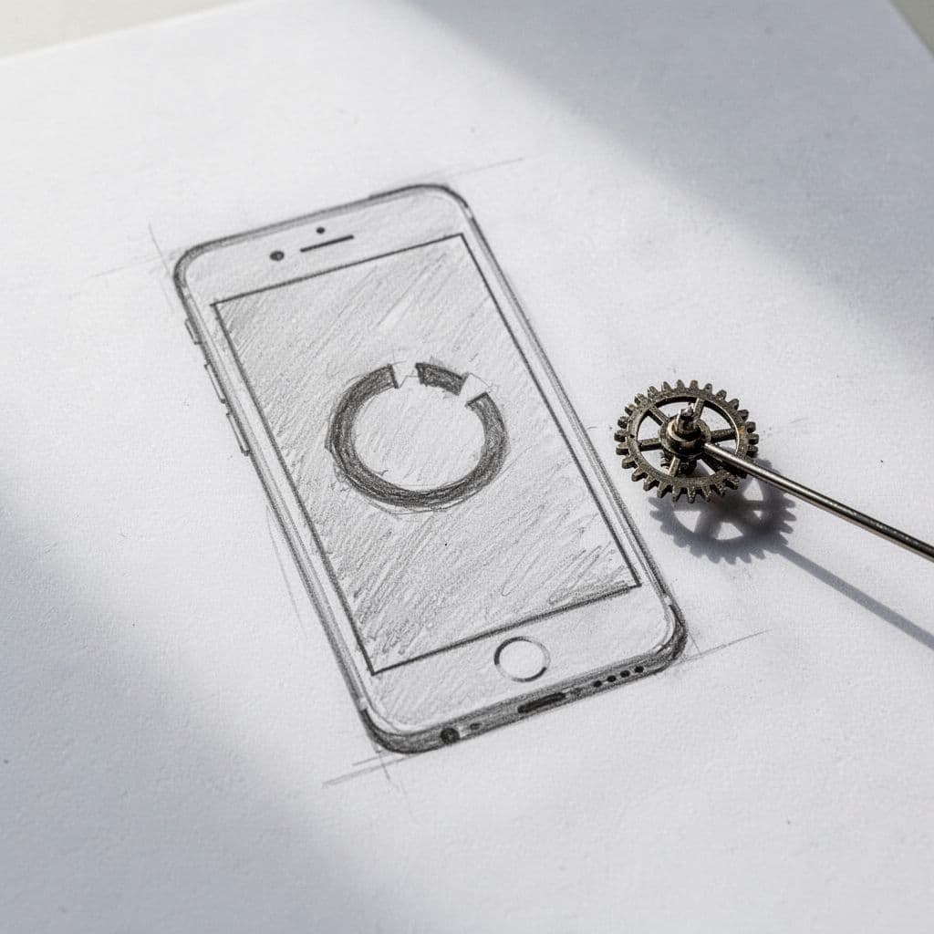 A detailed graphite drawing on white paper displays a smartphone screen showing a loading symbol. Next to the device, a thin metal pin delicately adjusts a small, complex clockwork gear.