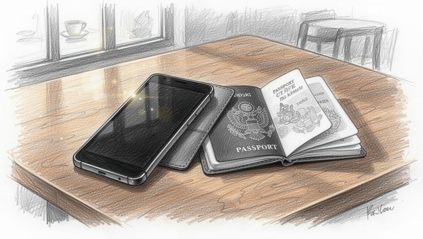 A detailed pencil drawing features a blank smartphone lying flat beside a closed passport on a textured cafe table. Soft graphite strokes define the objects against a simple white background.