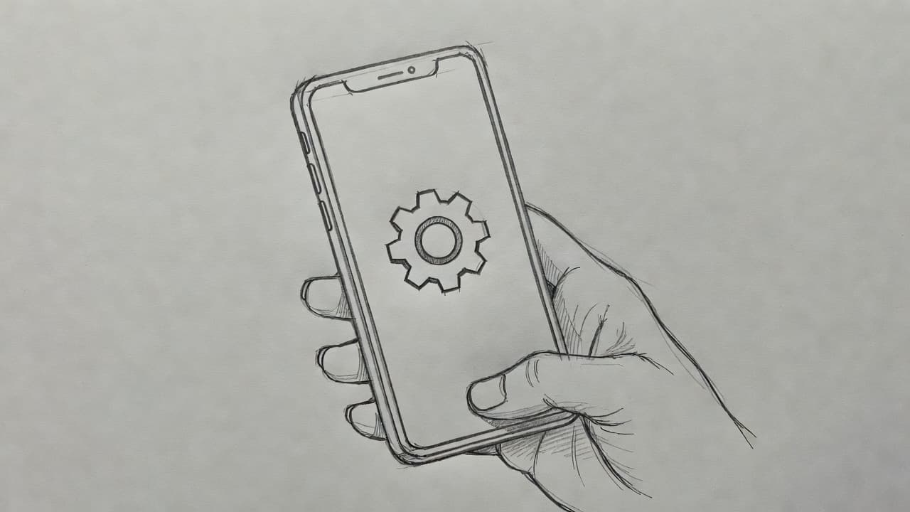A detailed graphite sketch on gray paper depicts a hand clutching a smartphone. The screen displays a clear gear icon, emphasizing digital connectivity controls through clean lines and light shading techniques.