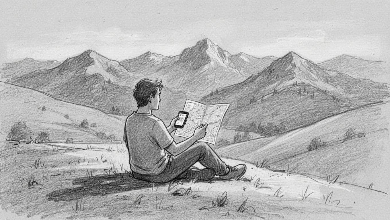 A graphite sketch depicts a relaxed traveler sitting on a grassy hillside holding a smartphone. In the distance, delicate linework defines a sweeping mountain range against a soft, simple horizon.