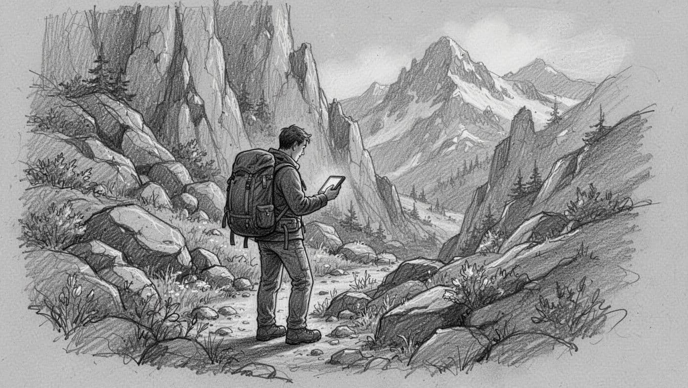 A graphite sketch depicts a hiker standing on a jagged rocky mountain trail while holding a blank smartphone. Detailed, shaky linework captures the rugged landscape and the adventurer's focused posture.