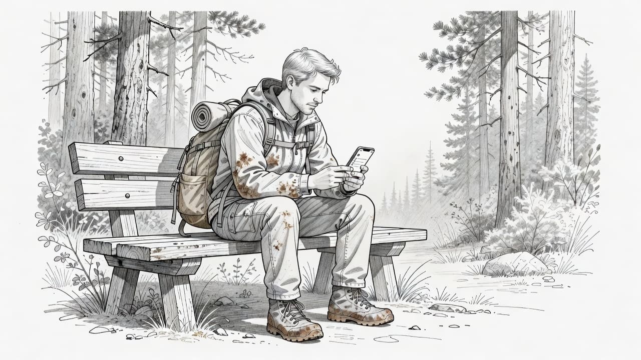 A graphite sketch showing a lone hiker sitting on a wooden bench while viewing their smartphone screen. Detailed fine line work highlights their casual gear against a clean white paper background.
