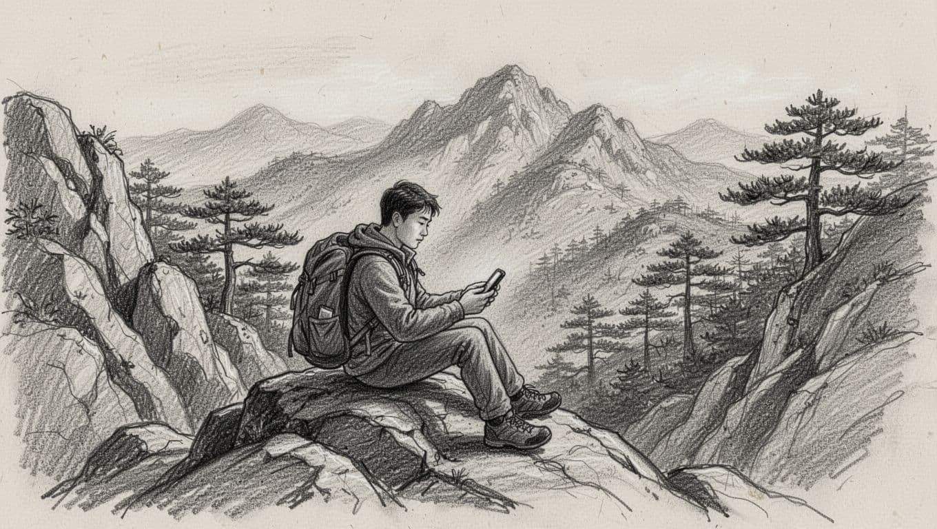 A graphite sketch depicts a hiker sitting on jagged rocks, focused on a smartphone screen. Background elements include layered Korean mountain peaks and textured pine trees rendered in soft pencil shading.