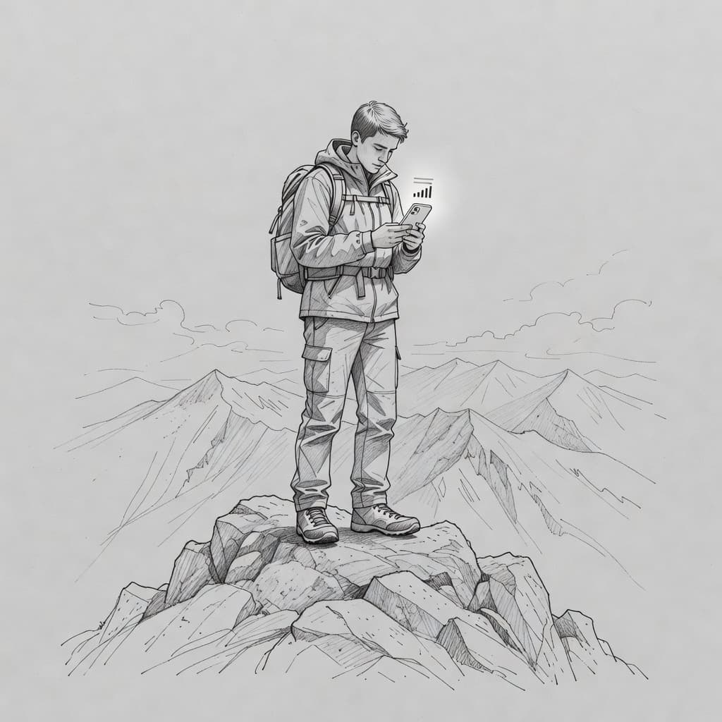 A graphite drawing on textured gray paper captures a mountaineer standing on a jagged peak. The hiker gazes at a smartphone screen displaying two clear signal bars against a mountainous backdrop.