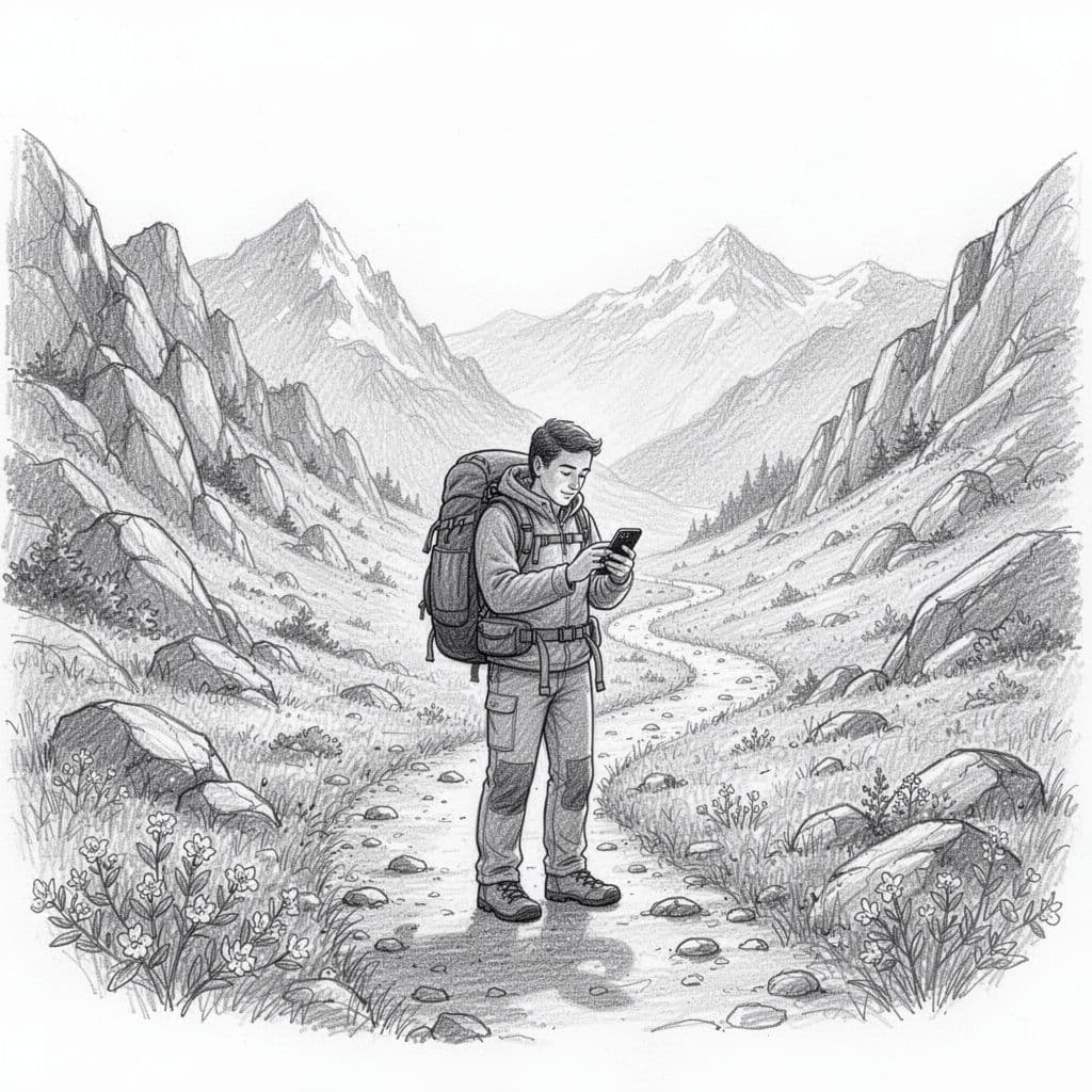 A detailed graphite sketch depicts a hiker wearing outdoor gear standing on a rocky mountain path. The individual focuses intently on a smartphone screen while holding the device with both hands.