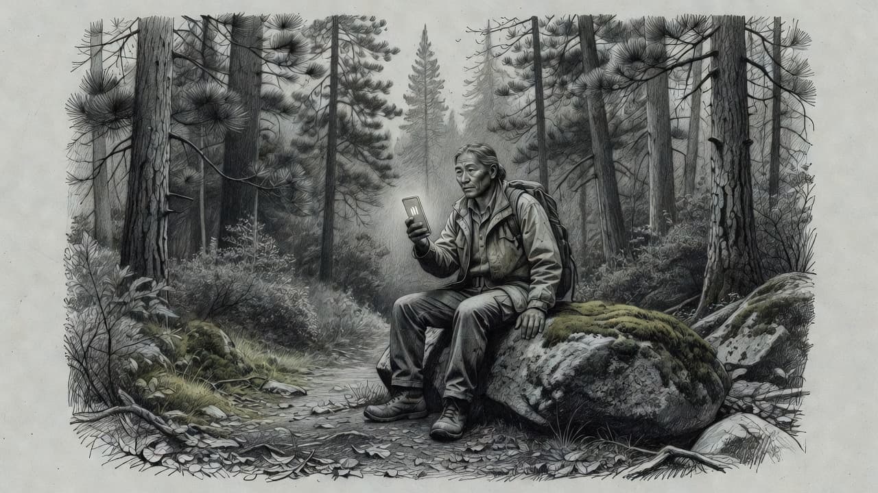 A graphite drawing on textured gray paper shows a traveler resting on a large boulder. The individual holds a smartphone displaying two signal bars, suggesting a connection while camping outdoors.