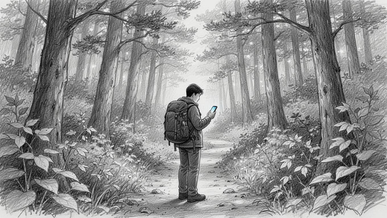 A graphite sketch depicts a hiker standing on a forest trail while intently viewing a smartphone. Tall trees and winding paths surround the figure, captured in detailed monochrome pencil linework.