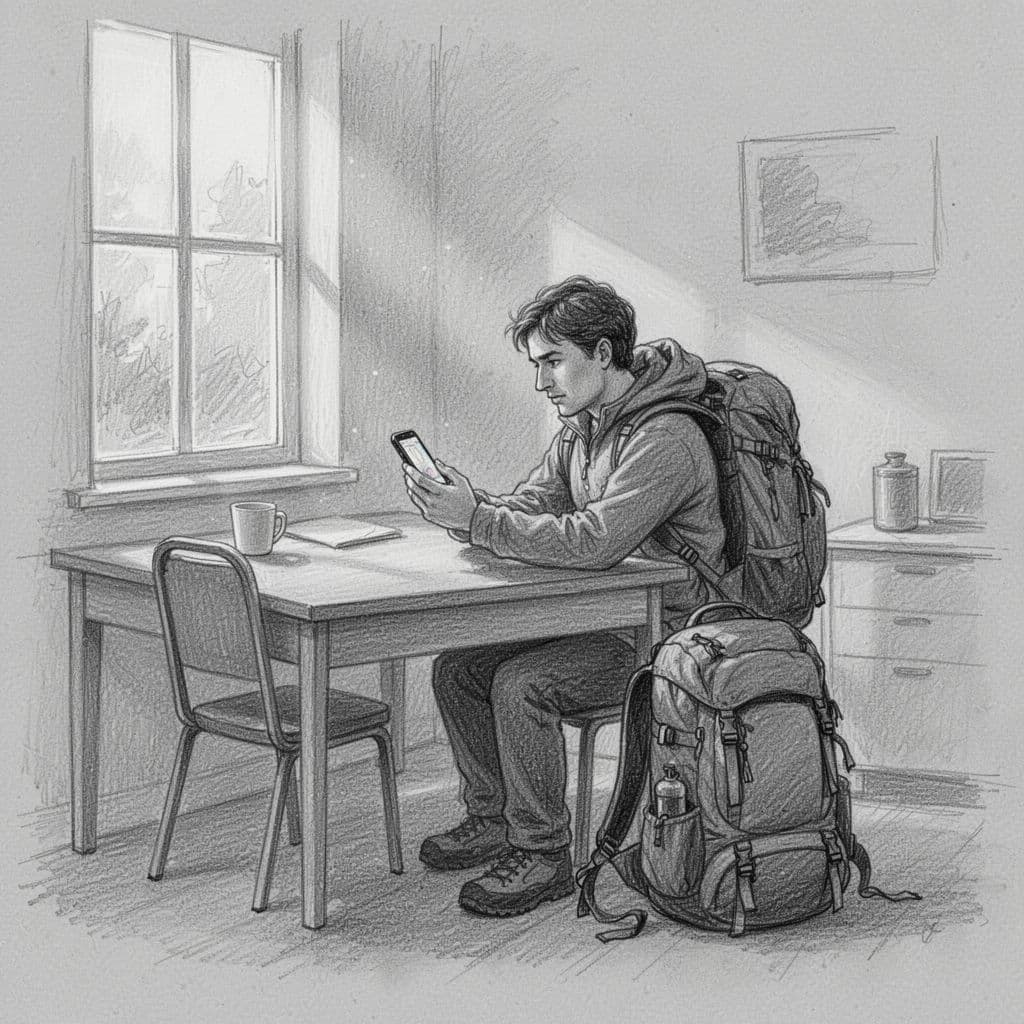 A detailed graphite sketch displays a hiker seated at a desk, intently reviewing a smartphone screen. A fully packed gear backpack sits on the floor beside the chair in the room.
