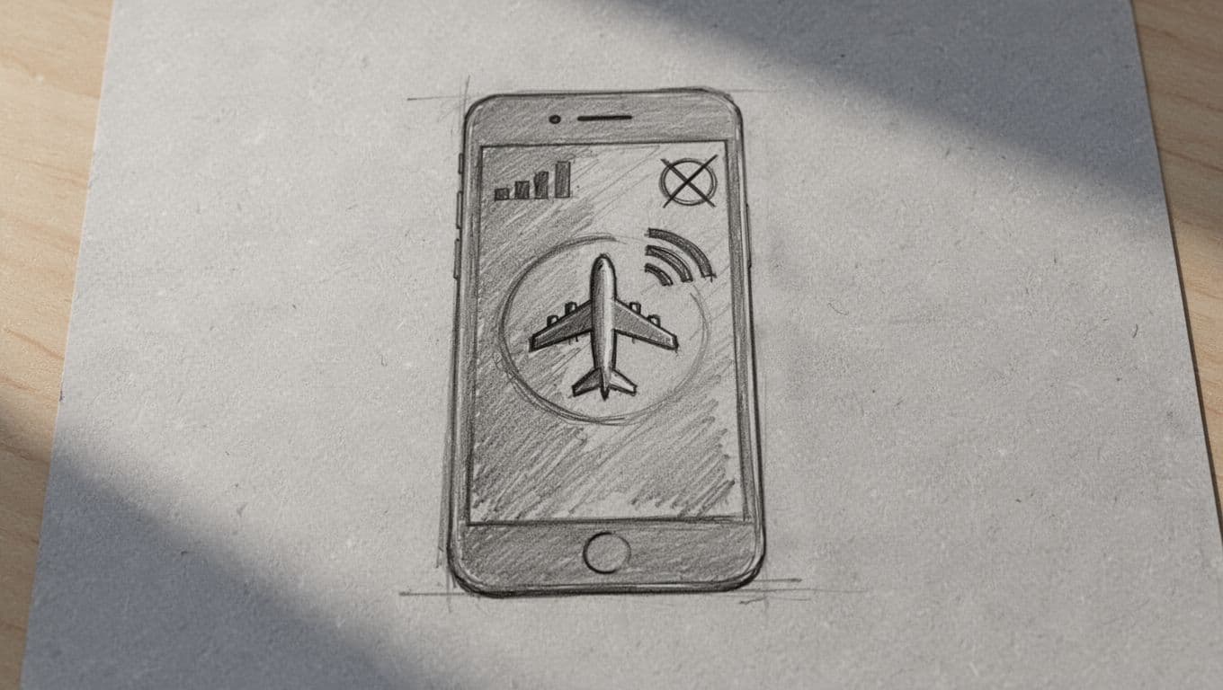 A graphite pencil sketch on gray paper displays an iPhone screen featuring a highlighted airplane icon. The signal strength bars are intentionally empty and marked with an overlapping black cross.