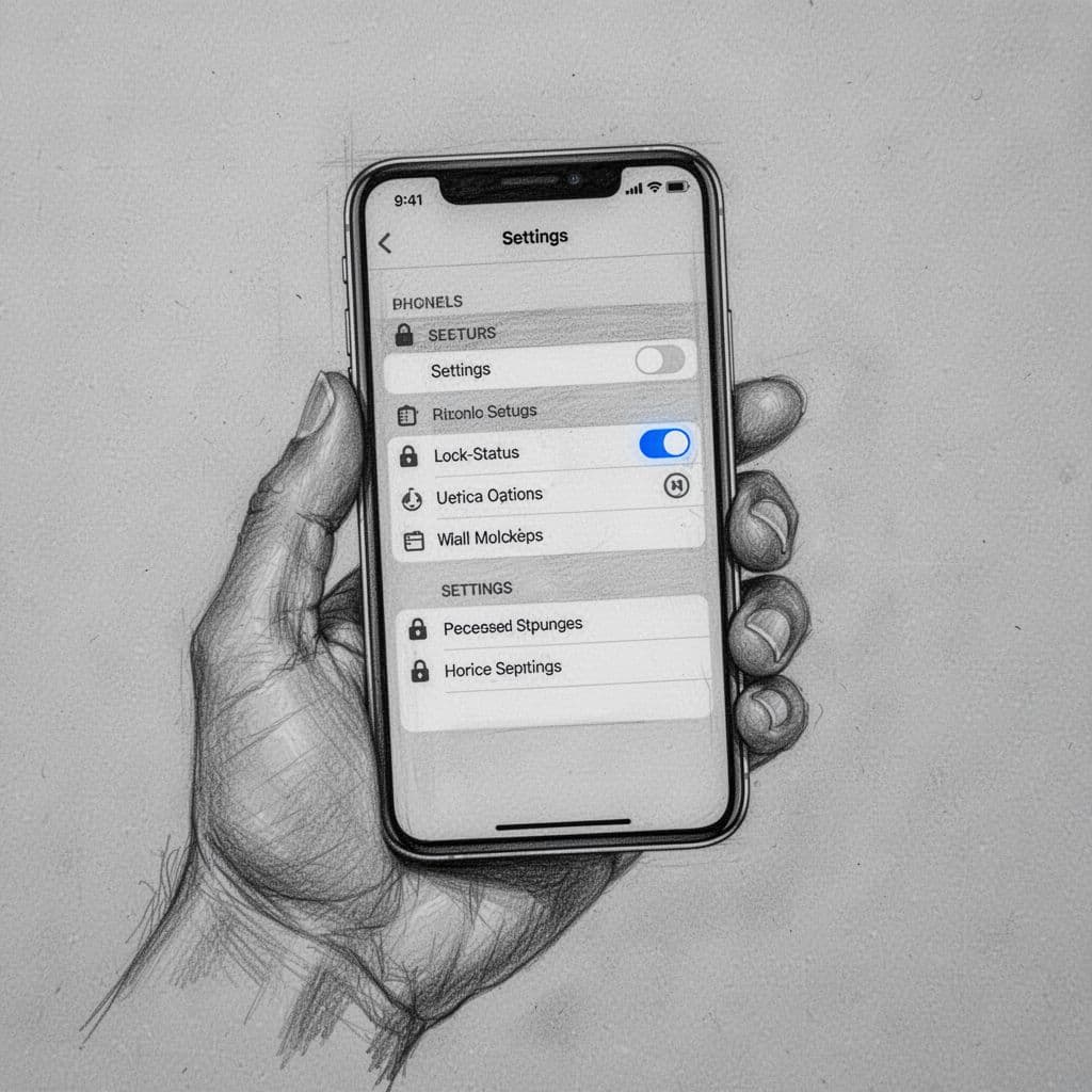 A detailed graphite sketch depicts a hand grasping an iPhone screen displaying the settings menu. The visible text clearly confirms the device is free from any carrier lock or SIM restrictions.