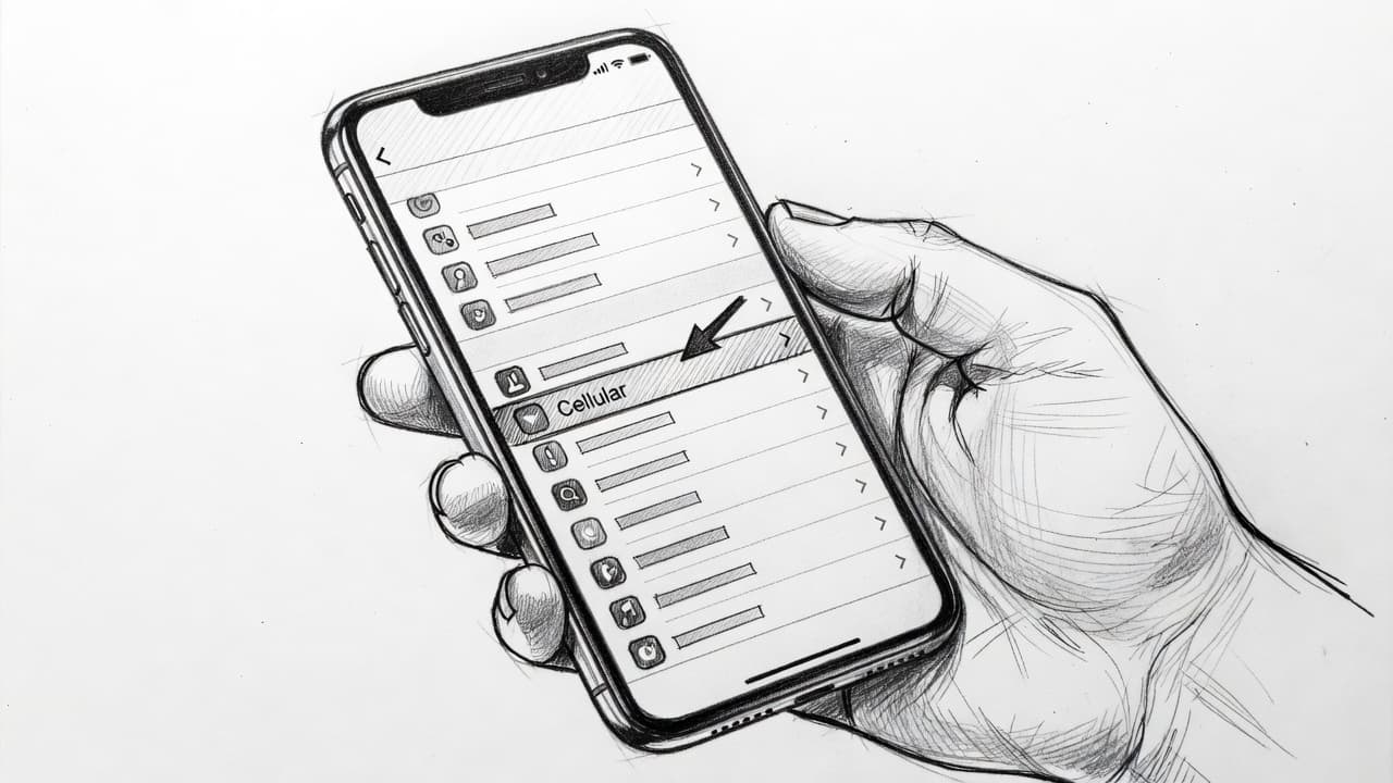 A detailed graphite drawing depicts a hand holding a smartphone displaying a mobile settings menu. The artist utilizes precise cross-hatching and shading to highlight the cellular options on the screen.